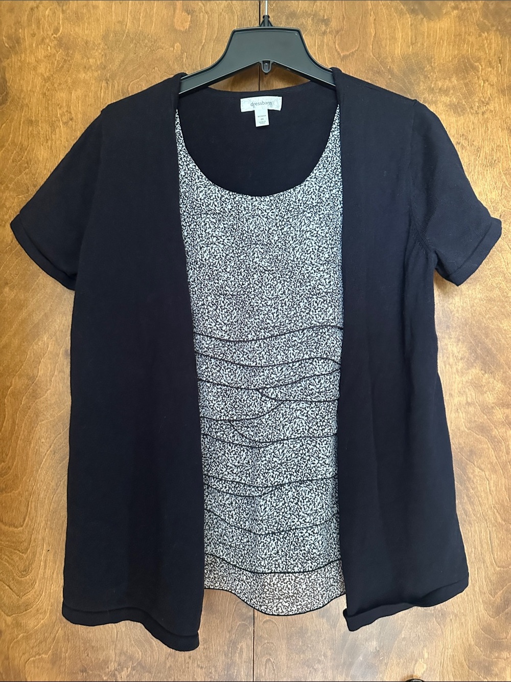 dressbarn Black Short Sleeve Cardigan with Built In Patterned Tiered Tank
